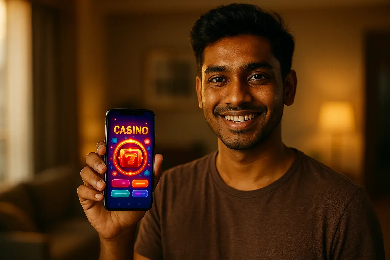 Young Bangladeshi man holding smartphone with colorful casino app interface