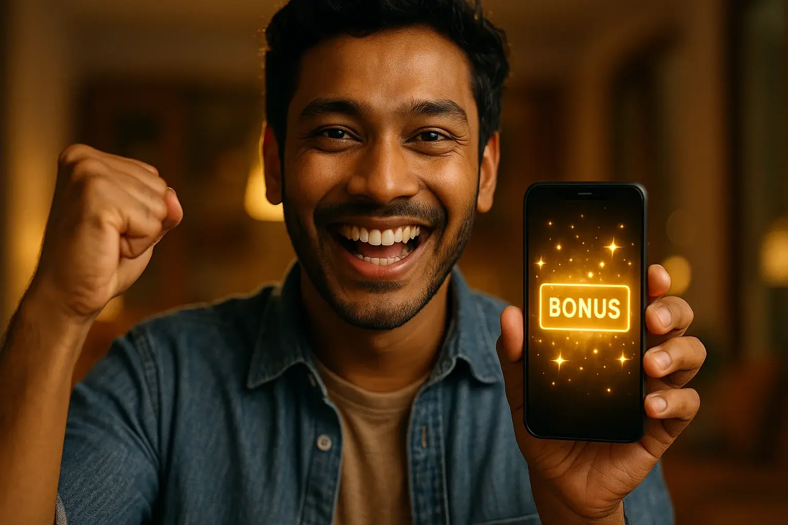 Joyful Bangladeshi man holding smartphone with glowing bonus notification celebration