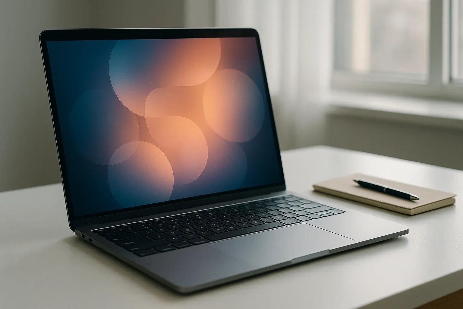 Modern laptop on white desk with abstract glowing screen