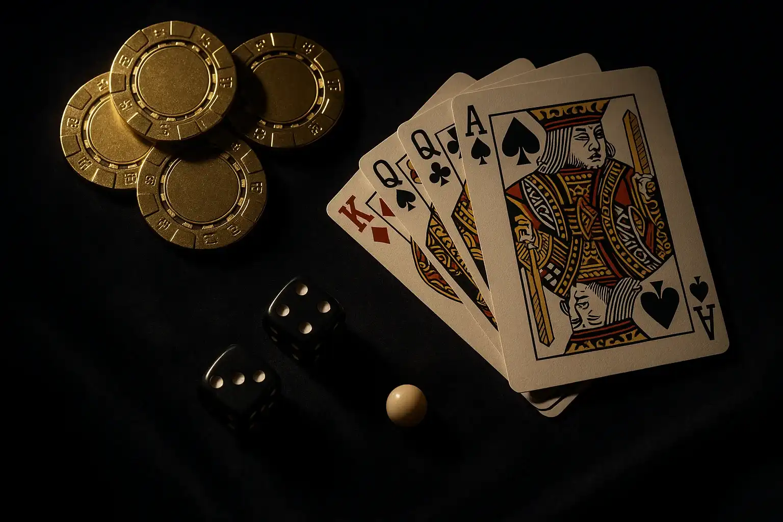 Golden casino chips, cards, dice, and roulette ball on dark velvet