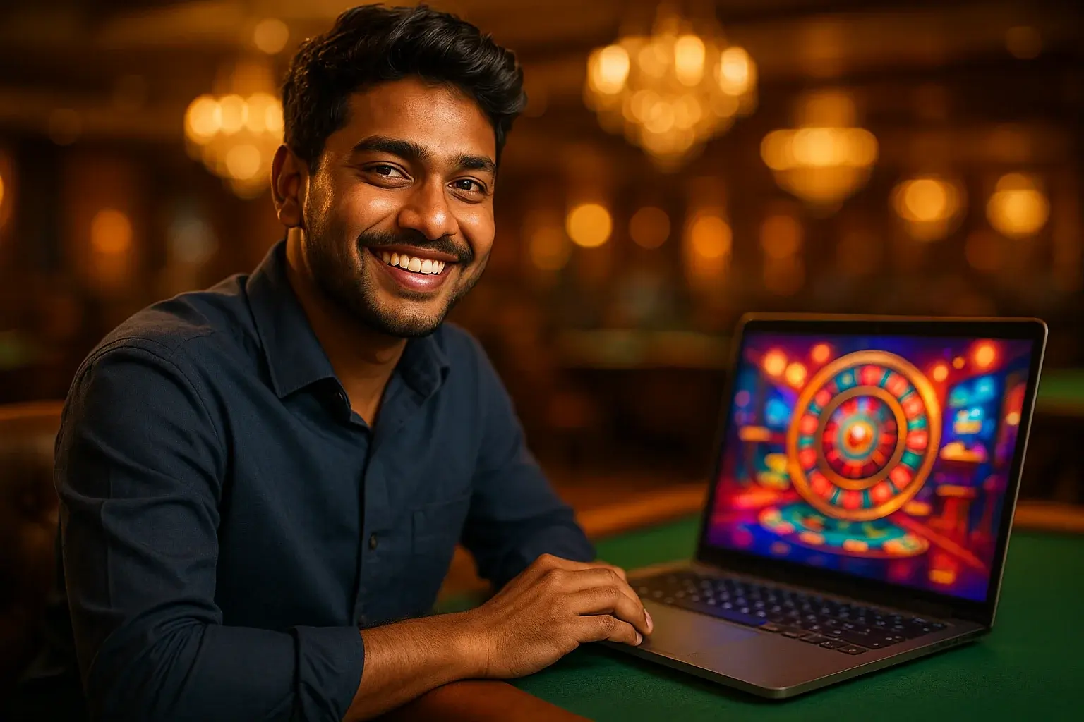 Cheerful Bangladeshi man with open laptop showing colorful casino interface