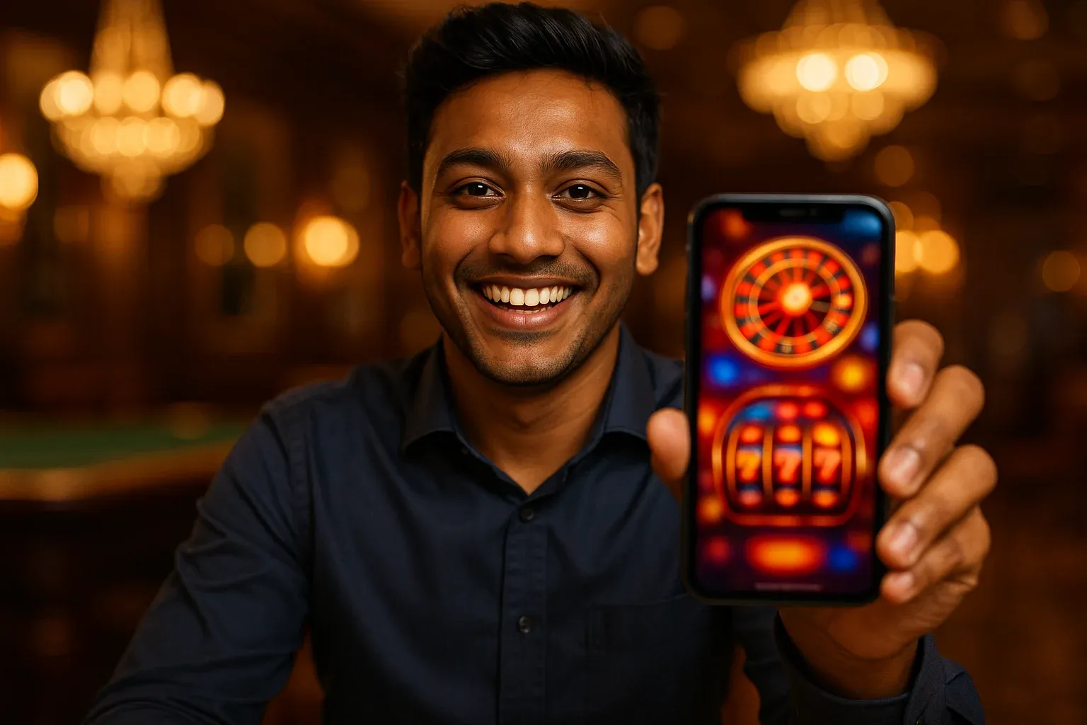 Cheerful young Bangladeshi man showing smartphone with colorful casino app screen