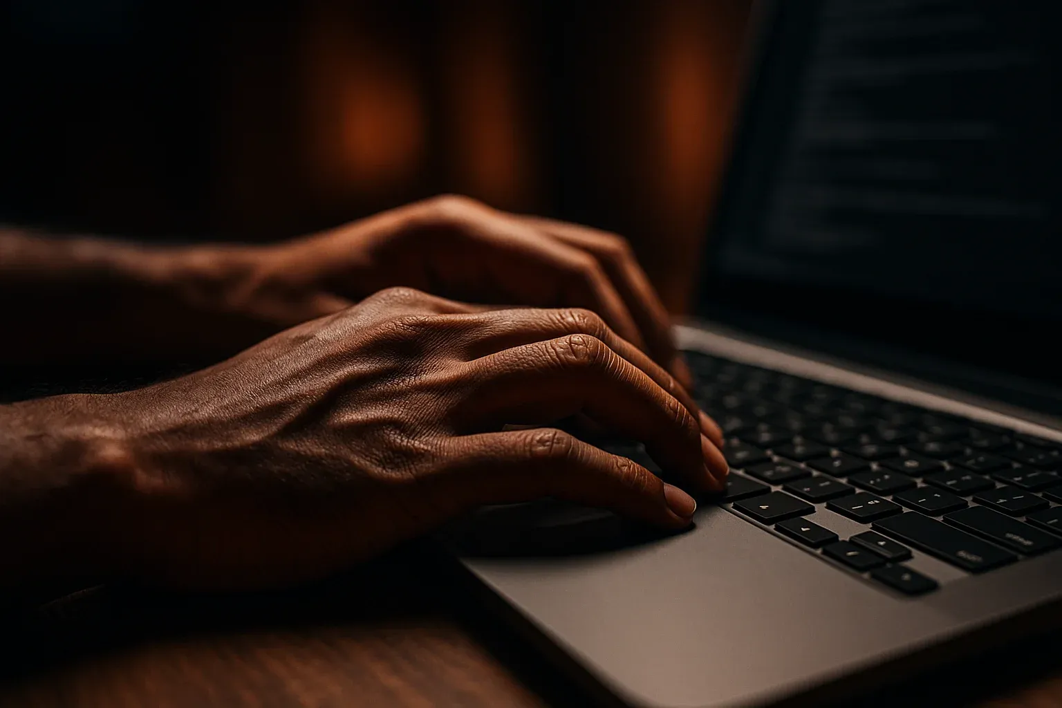 Close-up of Bangladeshi man's hands typing on modern laptop keyboard