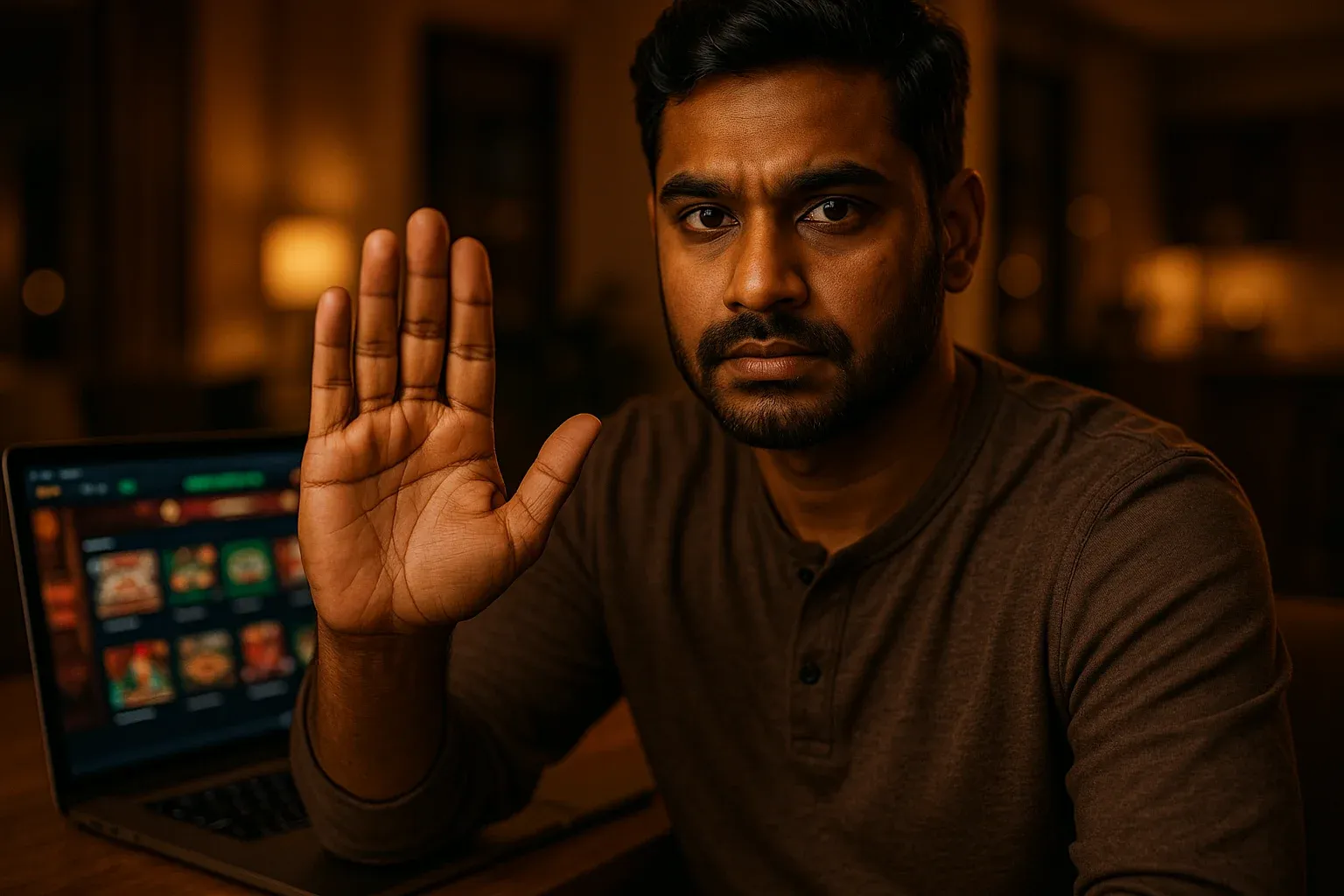 Bangladeshi man making stop gesture near laptop for responsible gambling awareness