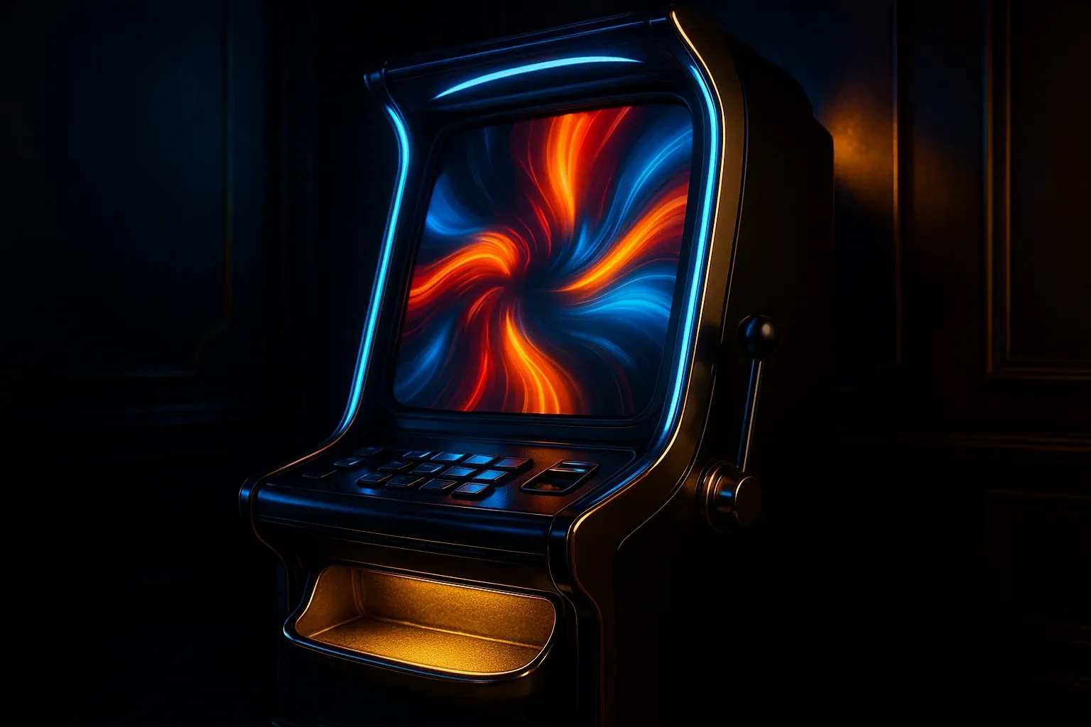 Hyperrealistic premium slot machine in dark luxury casino lighting